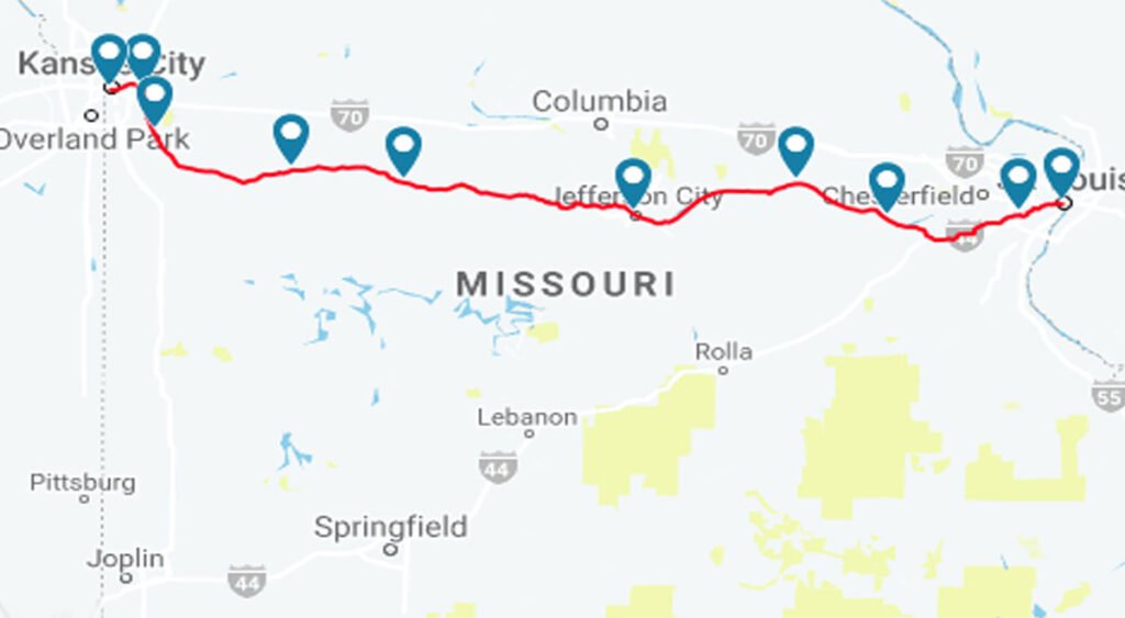 Missouri river runner train Stations and Stops